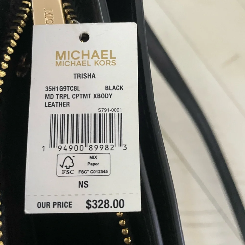 Nwt Michael Kors black gold leather Trisha medium crossbody 3 compartment zip - Picture 7 of 11